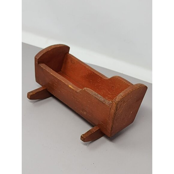 Vintage Handcrafted Wooden Doll Cradle‎ Small Brown Rocking Bed - Picture 1 of 13